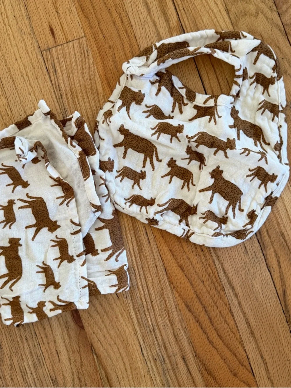 Baby Bib and Burp Cloth Set in Brown Animal Print